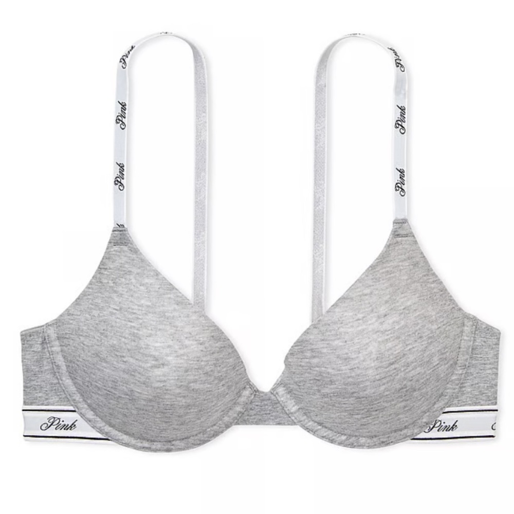 Pink Victorias Secret Wear Everywhere Lightly Lined T-shirt Bra Gray Logo 36DD